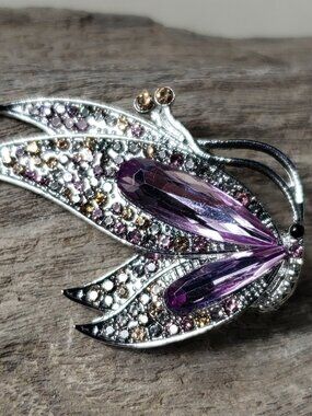New Butterfly Rhinestone Brooch Purple Stones Silver Tone metal